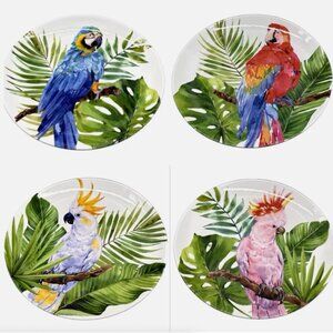 x4 Tommy Bahama Parrot Macaw Melamine Dinner Plate Set Tropical Birds NEW